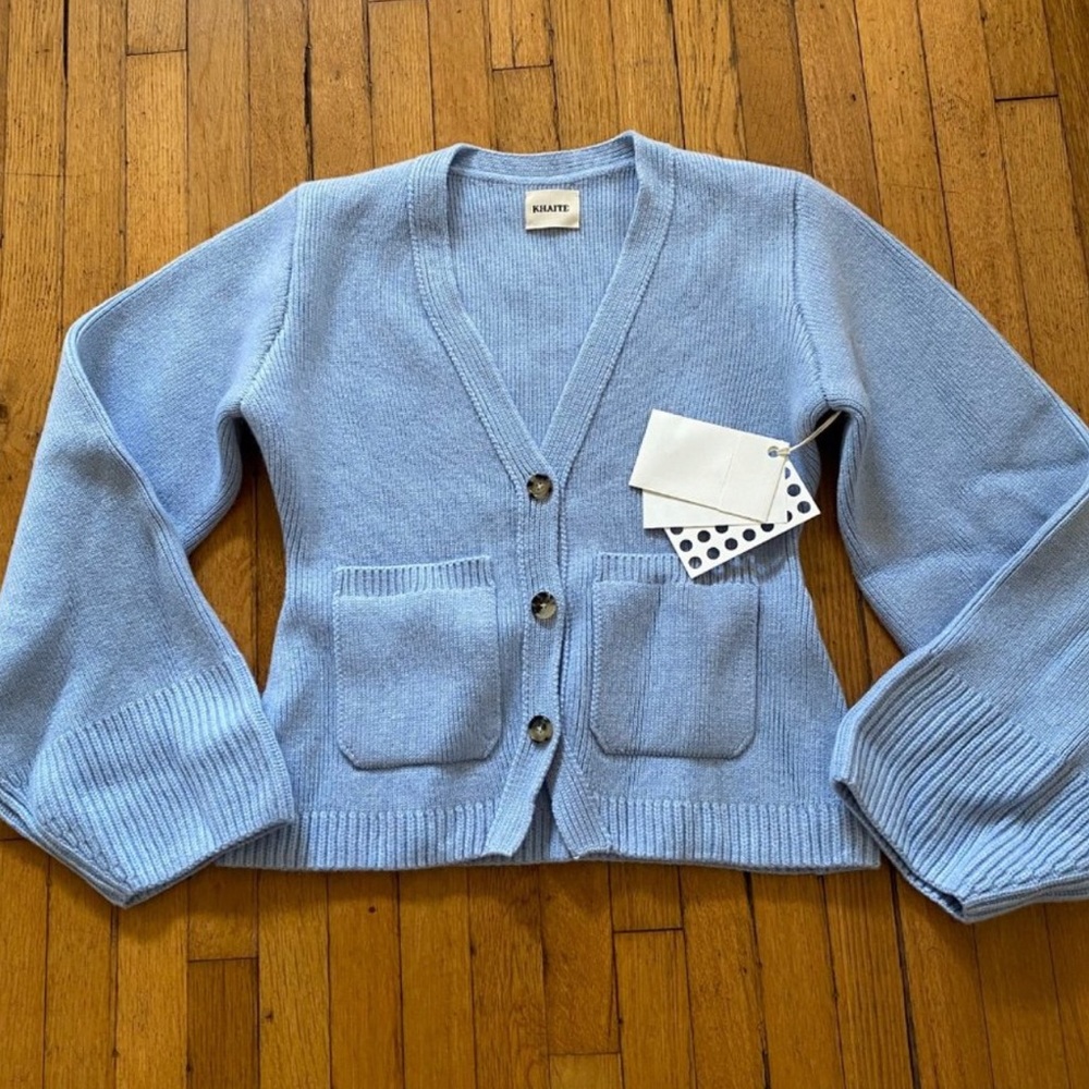 Khaite Scarlet Cashmere V Neck Button Cardigan Light Blue